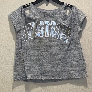 Gray “Justice” Shirt w/ Shoulder Cut Outs